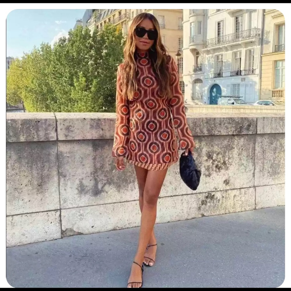 ZARA NEW WOMAN PRINTED ORGANZA MINI DRESS ORANGE SIZE Small